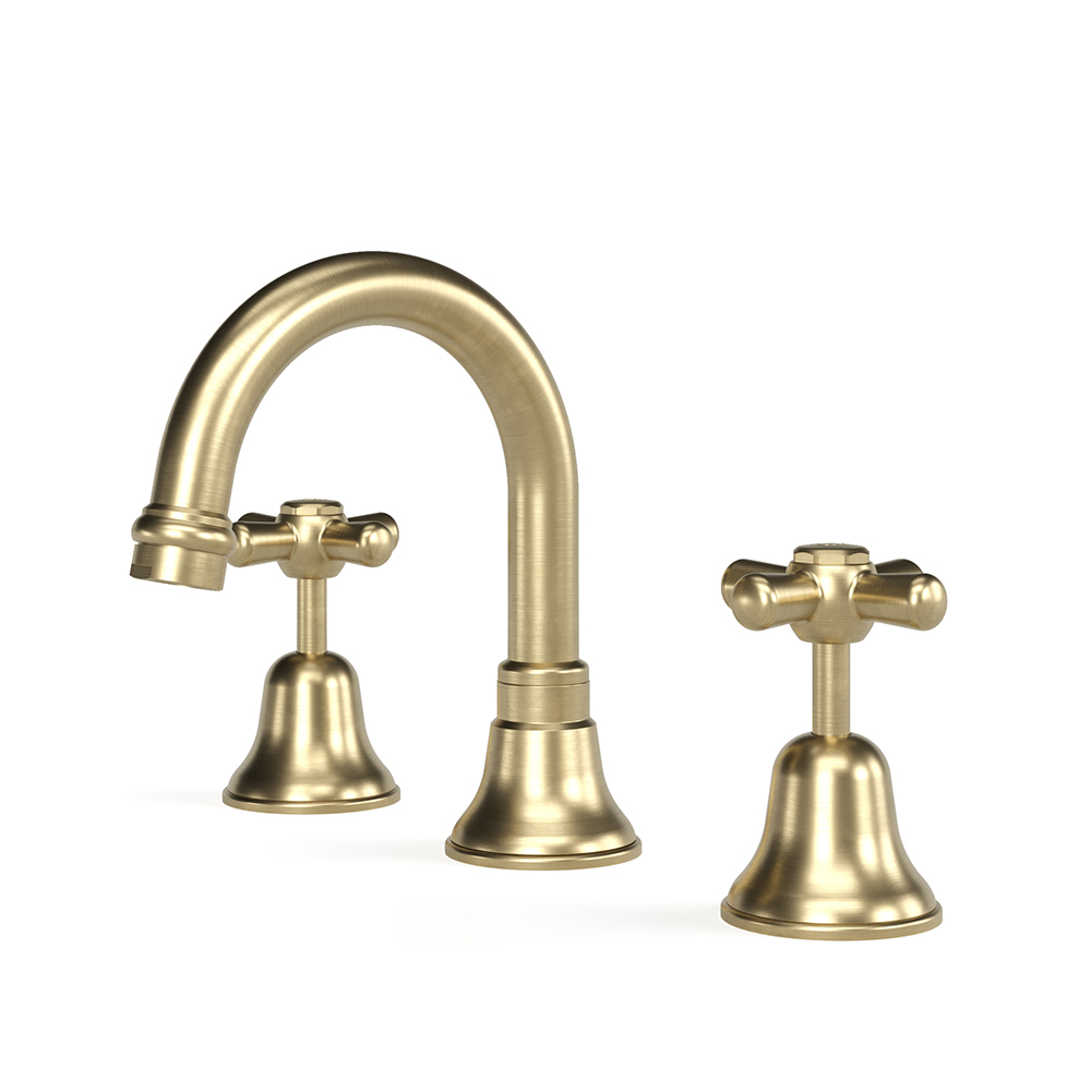Raw Brushed Brass Cascade Basin Set, Cross in Raw Brushed Brass
