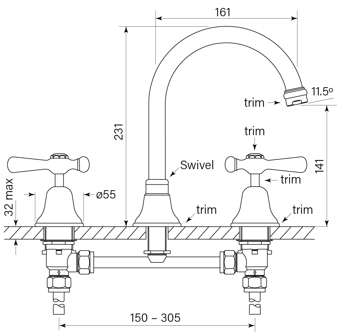 Cascade Sink Set, Vanity, CD Lever dimensions image