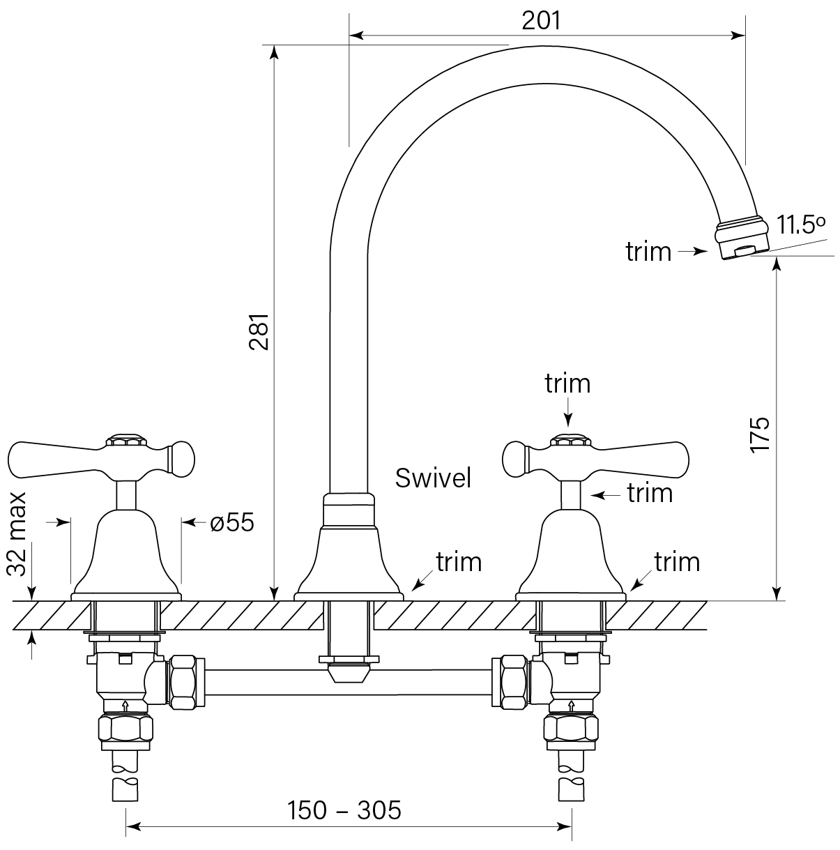 Cascade Spa Set, Hob, CD Lever dimensions image