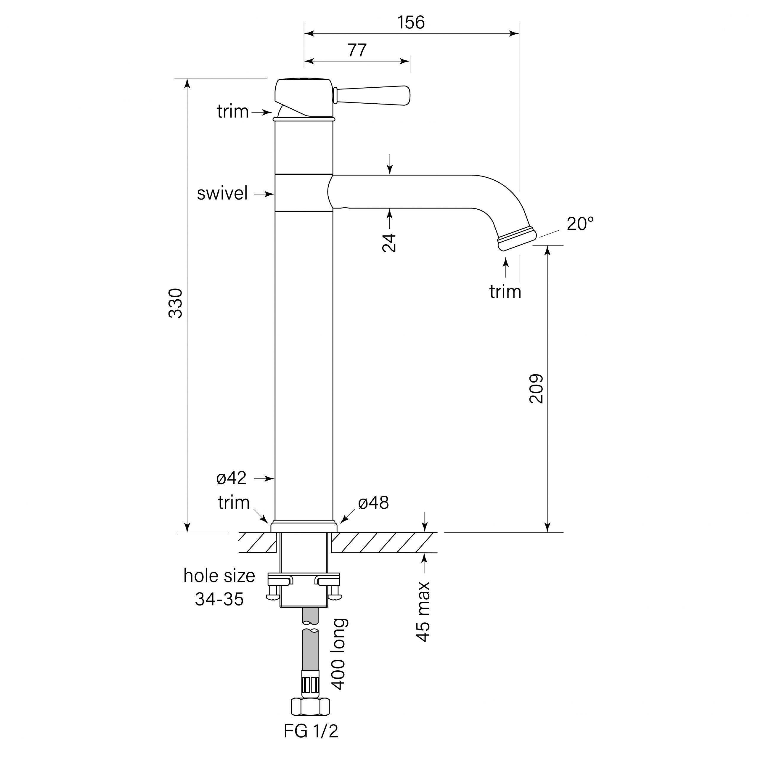 Cascade Basin Mixer, Swivel Tall 215h dimensions image