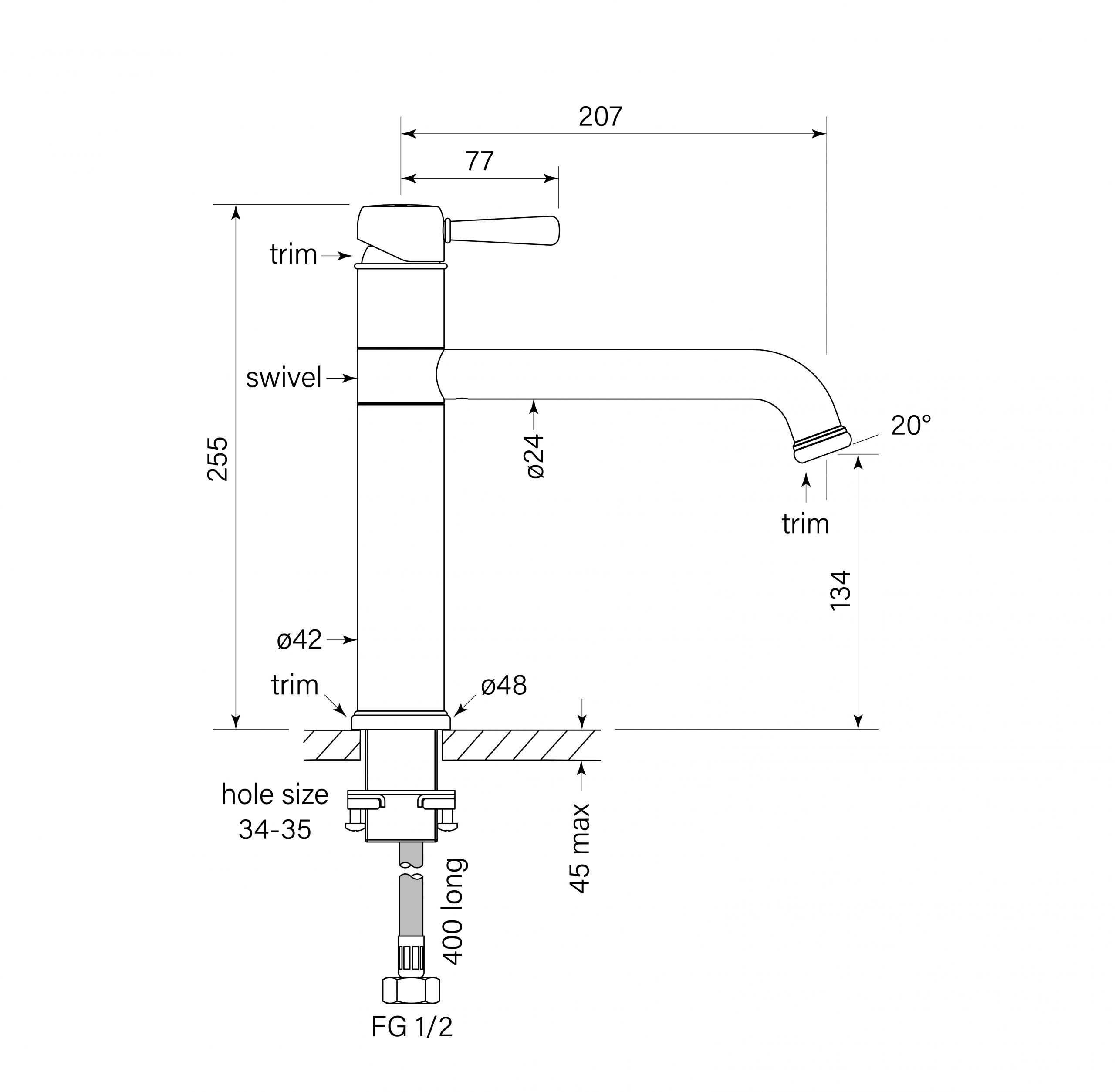 Cascade Sink Mixer dimensions image