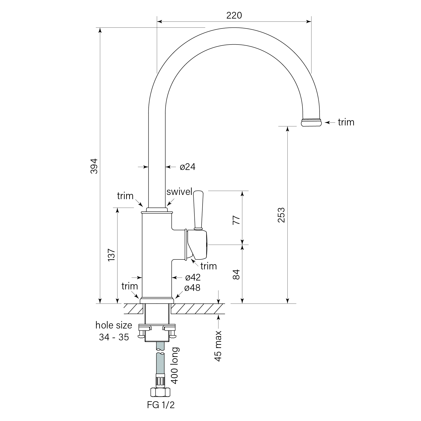 Cascade Sink Mixer Curve 220 dimensions image