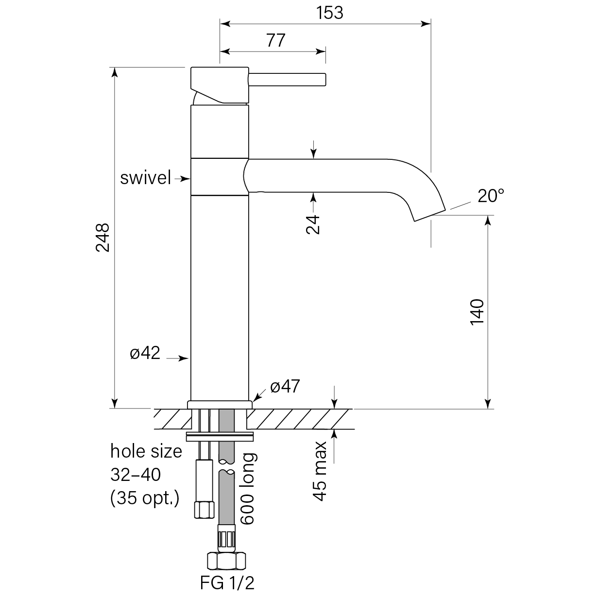 Pegasi M Basin Mixer, Swivel, Mid 140h dimensions image