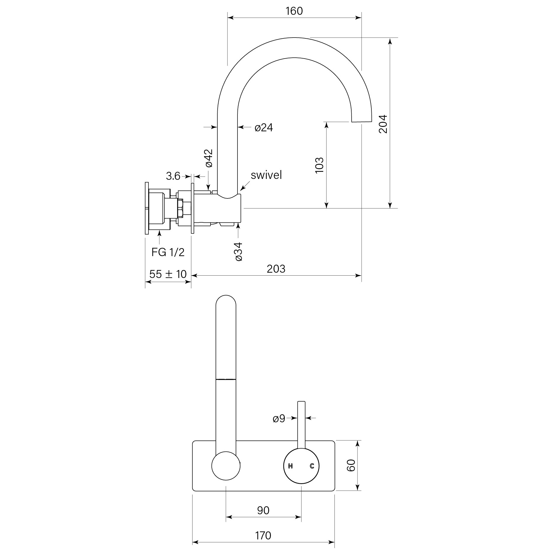 Pegasi M Back Plate Basin Mixer Swivel 200 dimensions image