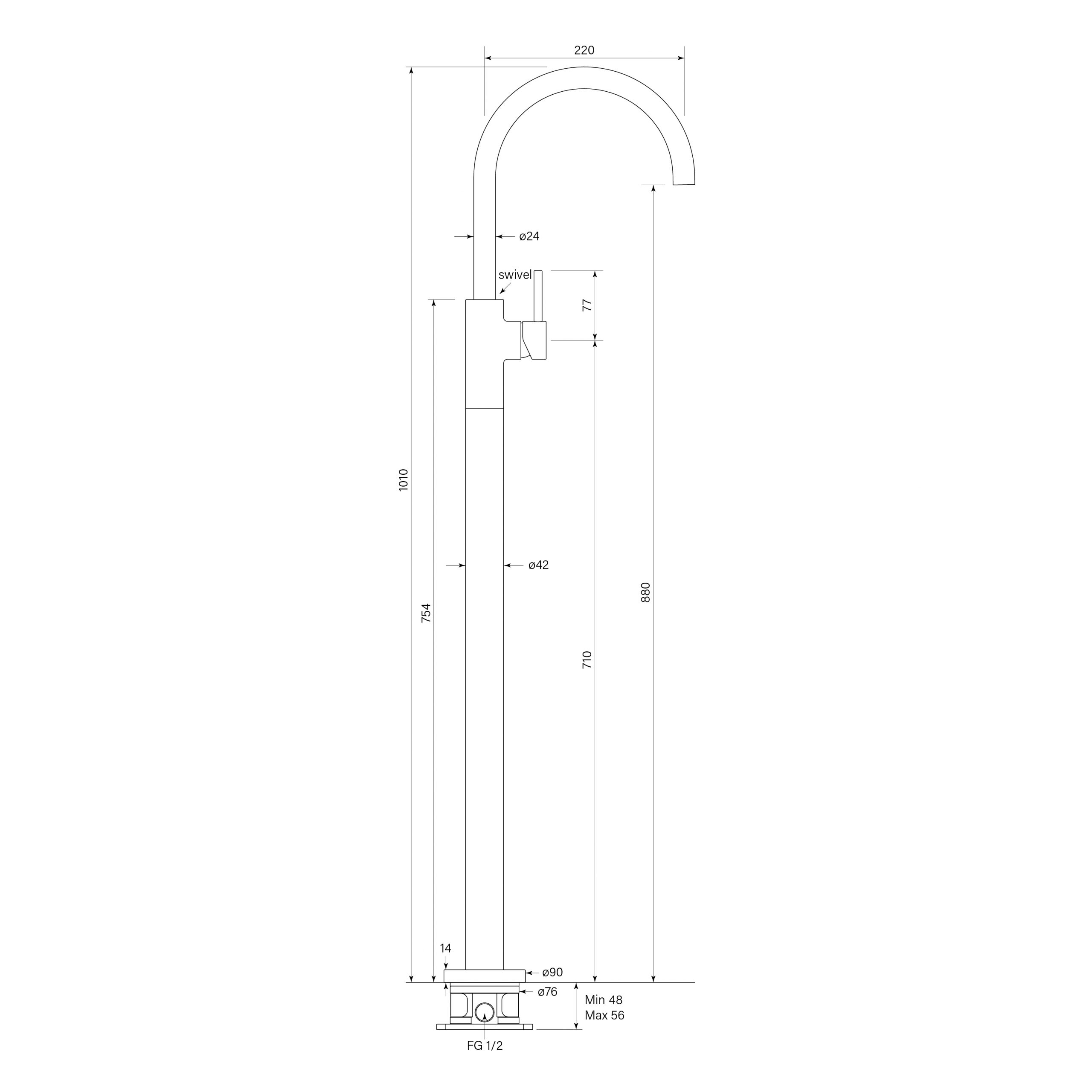 Pegasi Floor Bath Mixer Curve dimensions image