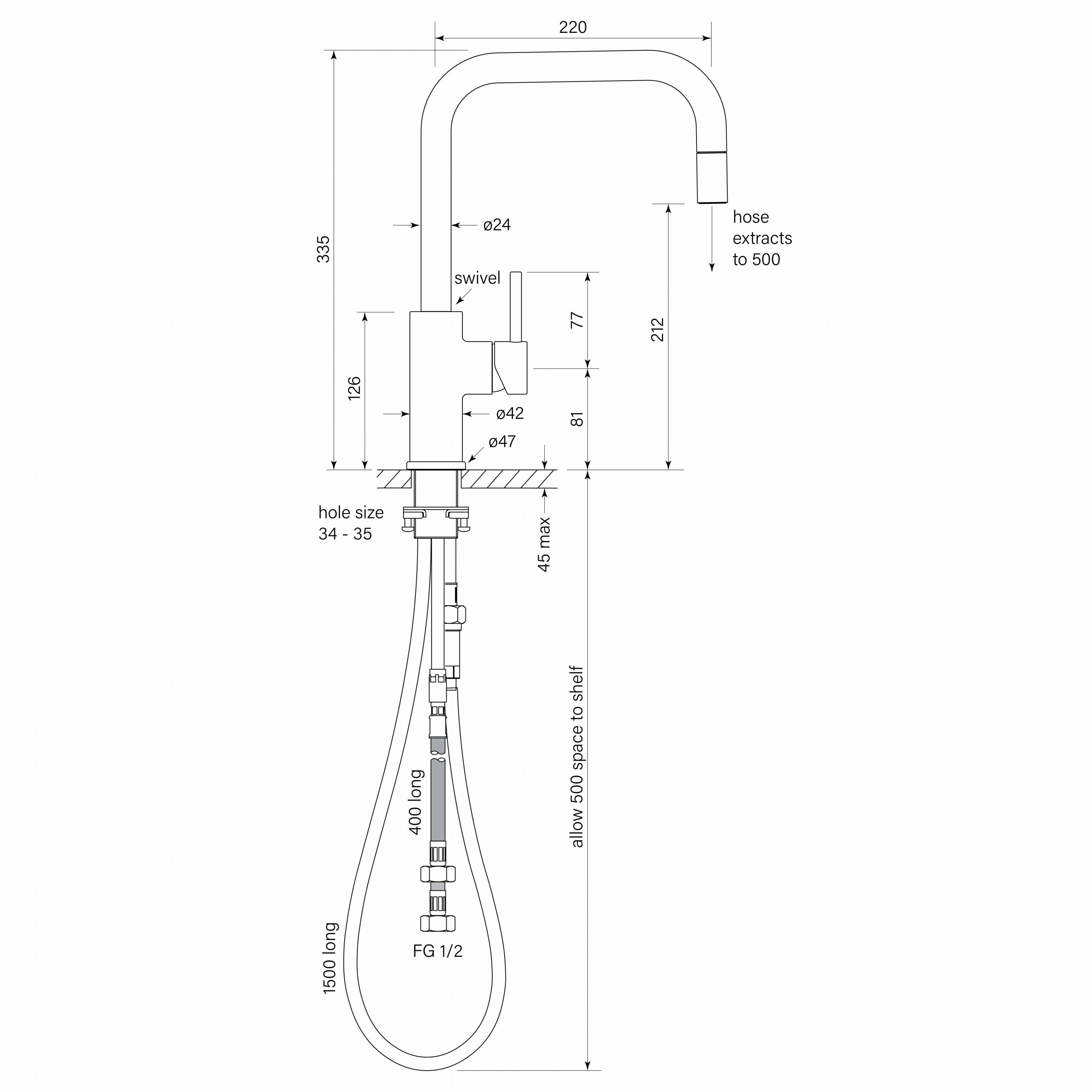 Pegasi M Sink Mixer Square Pull Out dimensions image
