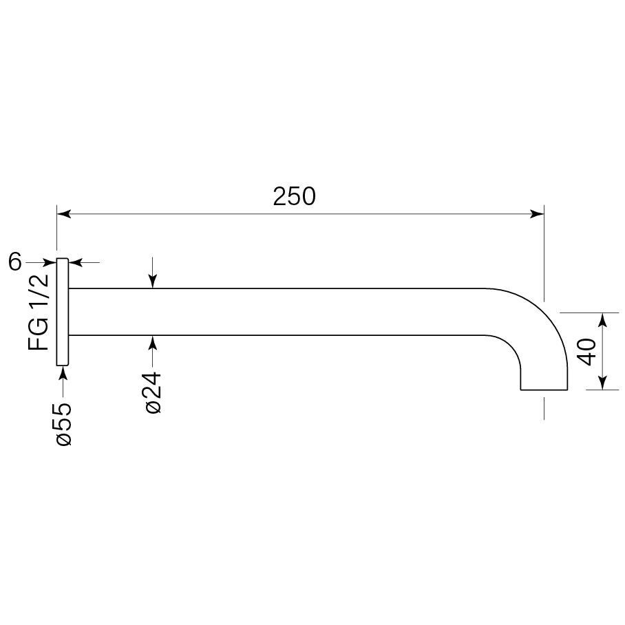 Pegasi Wall Bath Spout 250 dimensions image