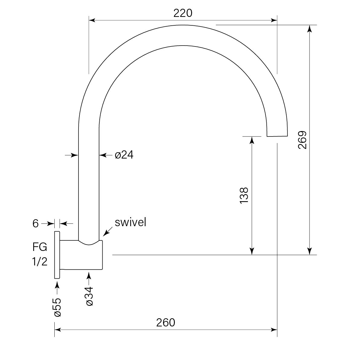 Pegasi Wall Sink Spout 260 Swivel dimensions image