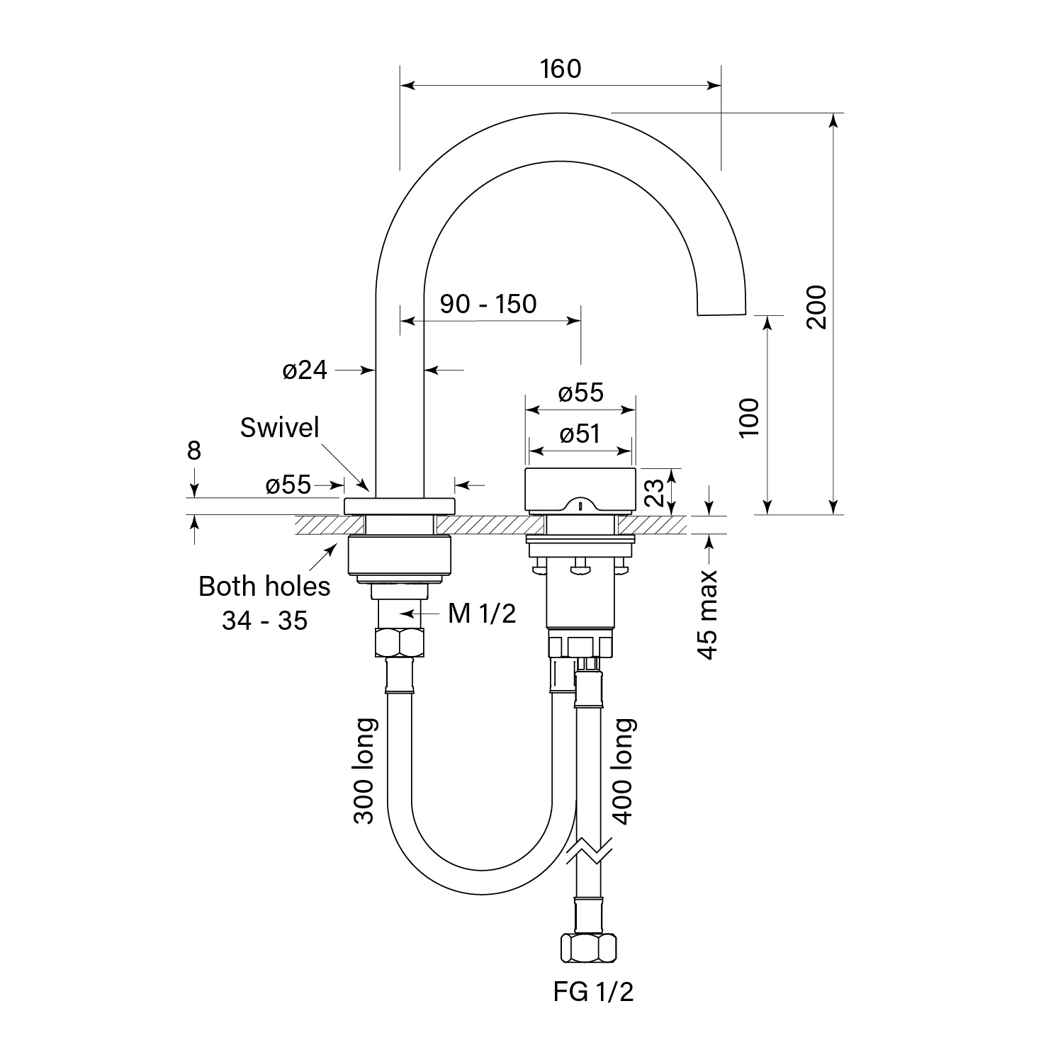 Zero Progresiv Smooth Basin Mixer Curve dimensions image