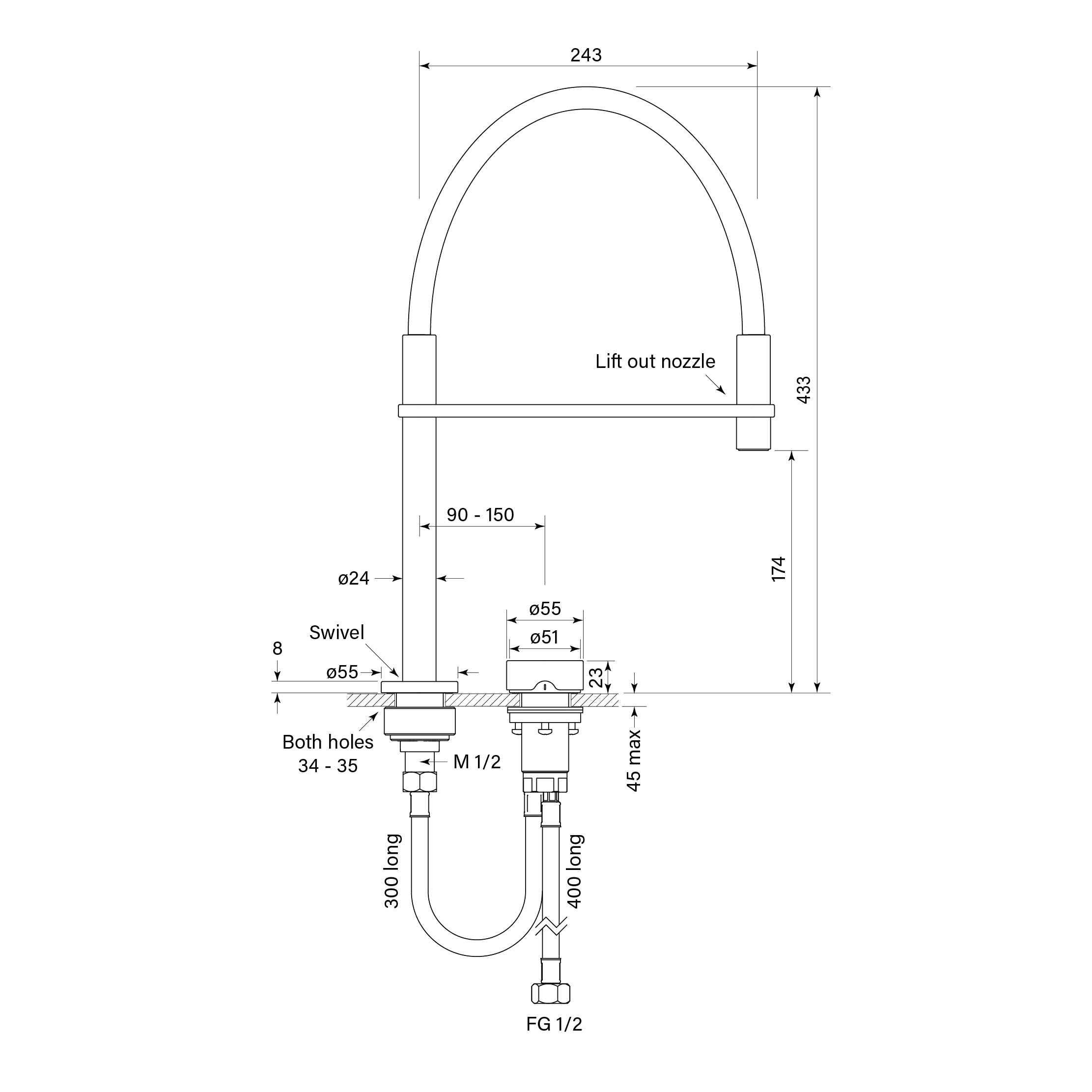 Zero Progresiv Smooth Sink Mixer Pull Down dimensions image