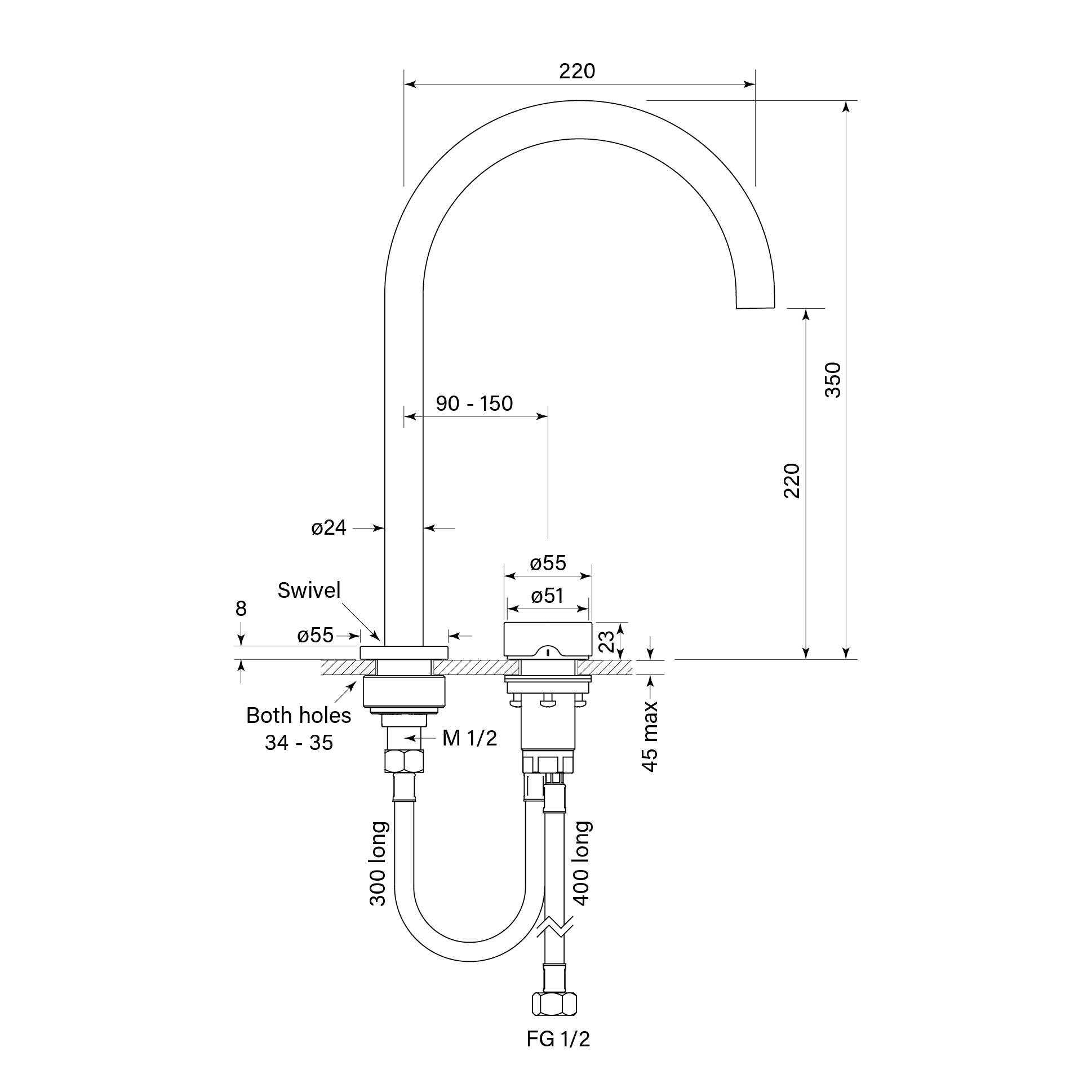Zero Progresiv Smooth Hob Basin Mixer Tall Curve dimensions image