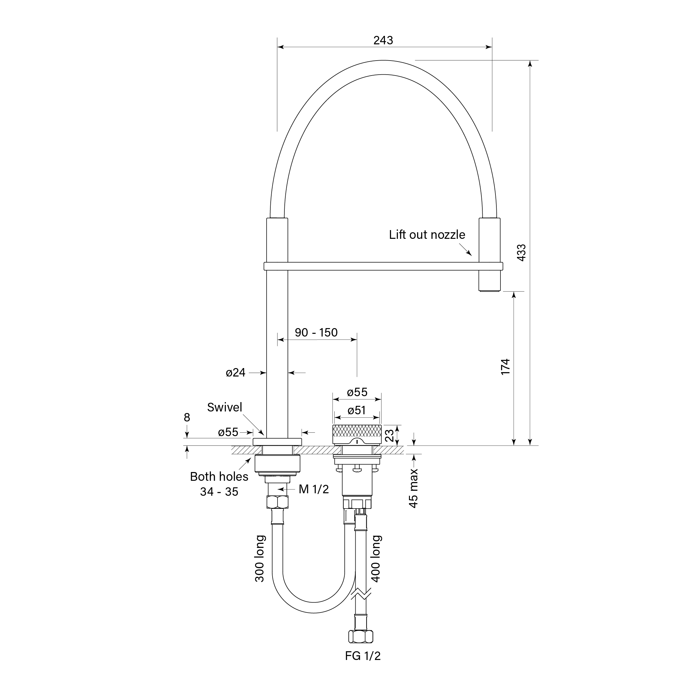 Zero Progresiv Knurl Sink Mixer Pull Down dimensions image