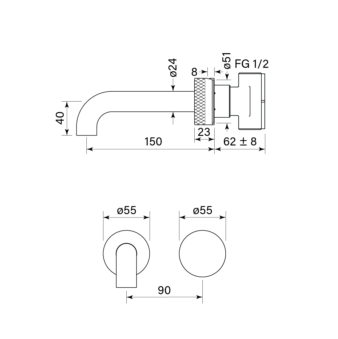 Zero Progresiv Knurl Wall Basin Mixer Set, 150 dimensions image