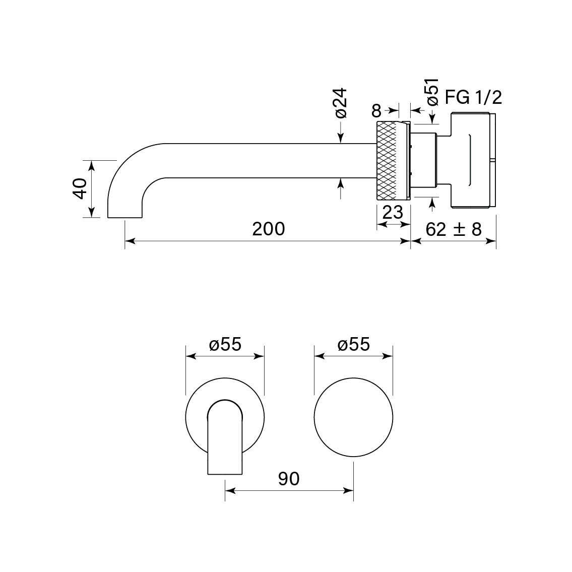 Zero Progresiv Knurl Wall Basin Mixer Set, 200 dimensions image