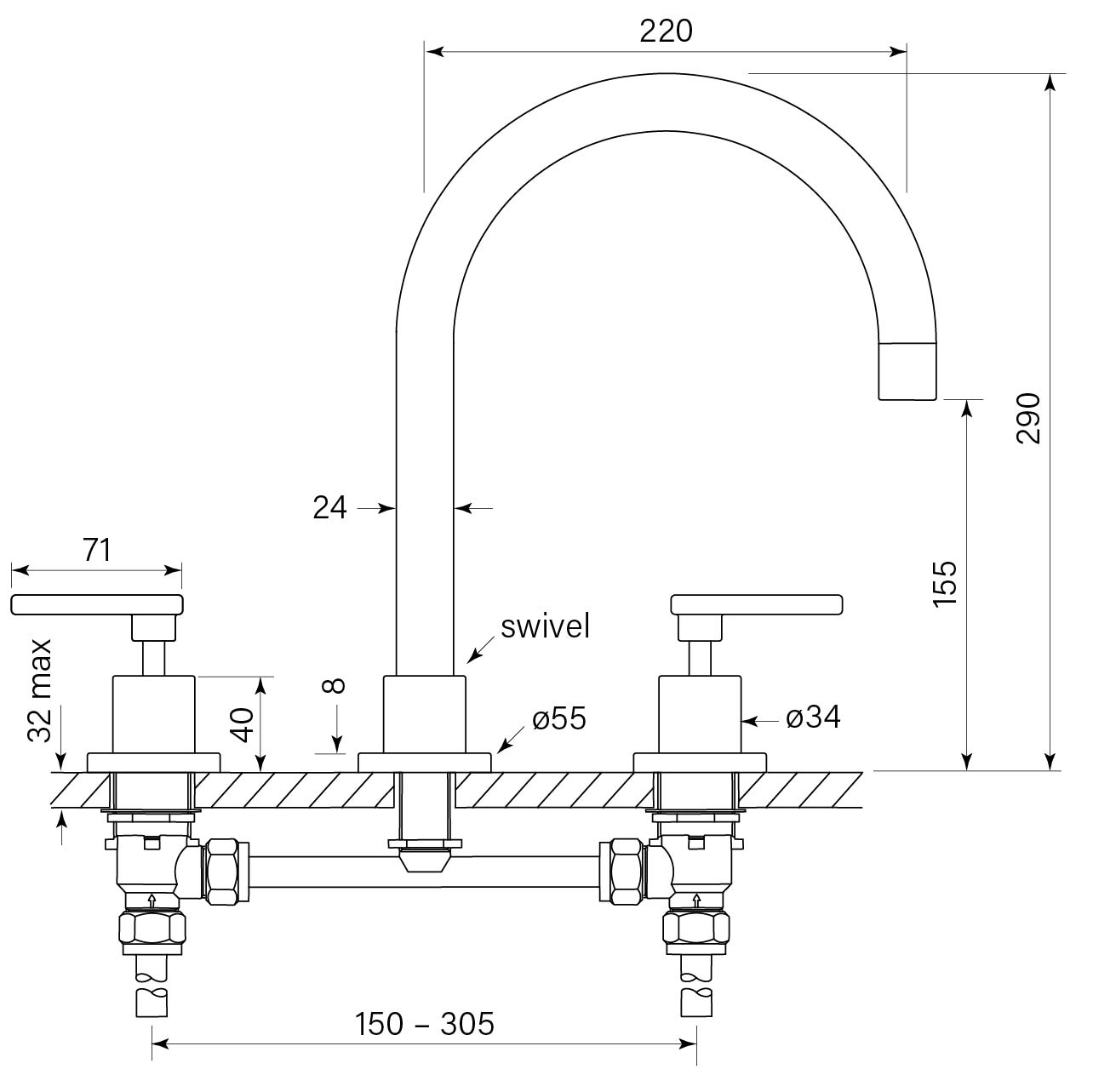 Chisel D Lever Sink Set Hob dimensions image