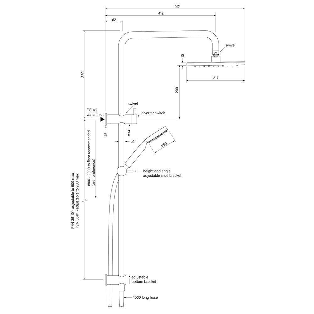 Zeos Dual Shower 600 sqa 90sq 217sq dimensions image