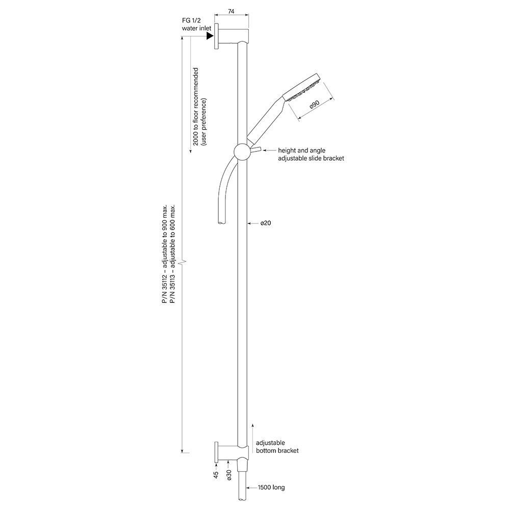 Zeos Slide Shower, Inflow 600, 90sq dimensions image