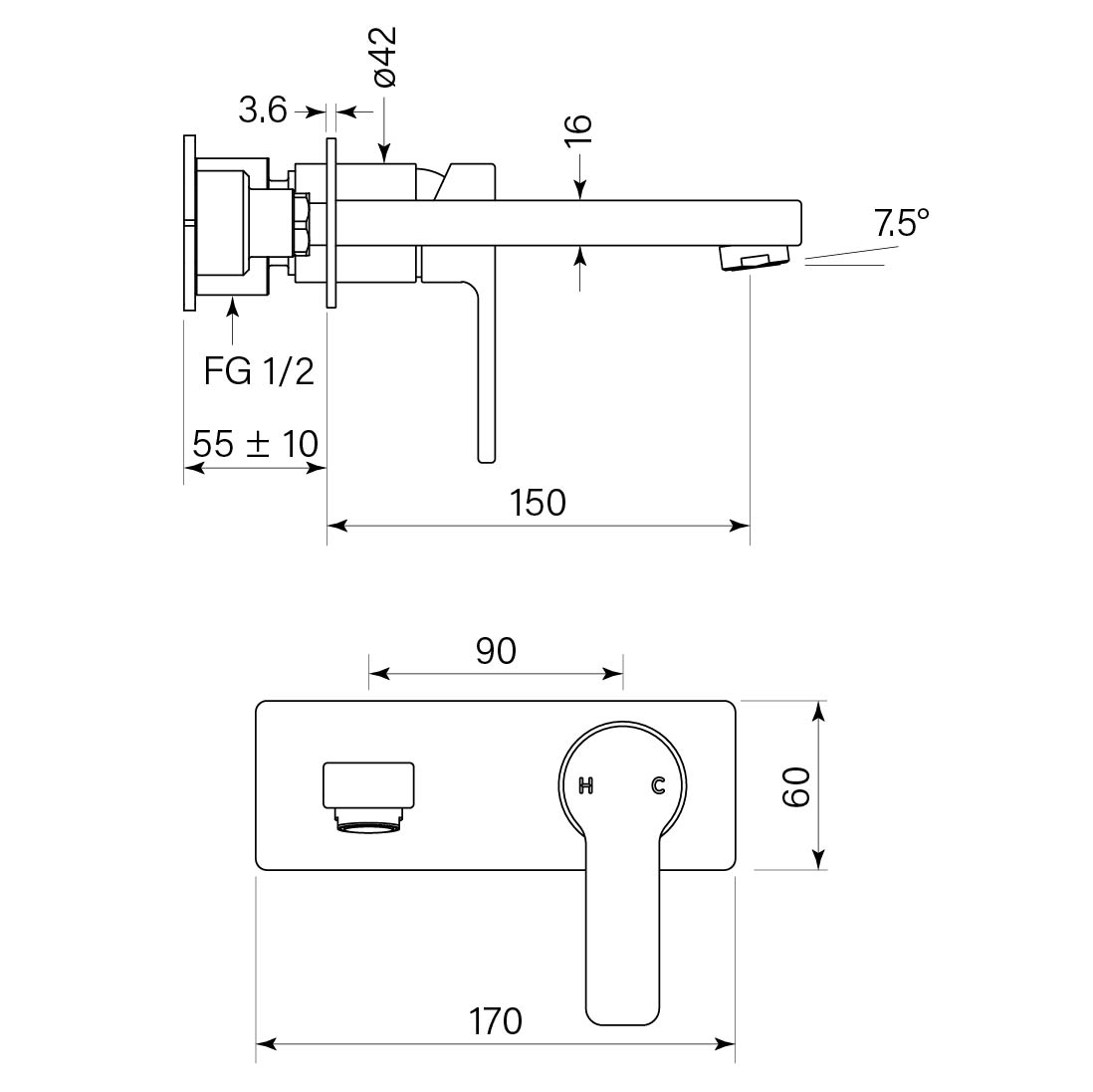Zeos Back Plate Basin Mixer 150 dimensions image