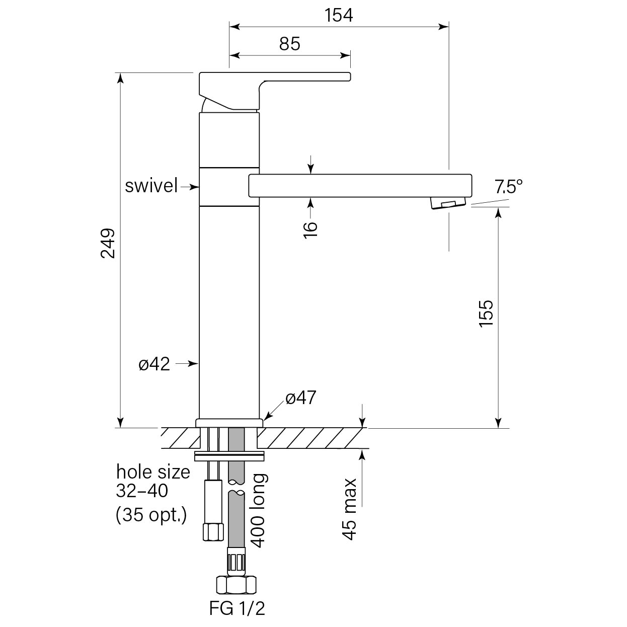 Zeos Basin Mixer Swivel, Mid 155h dimensions image