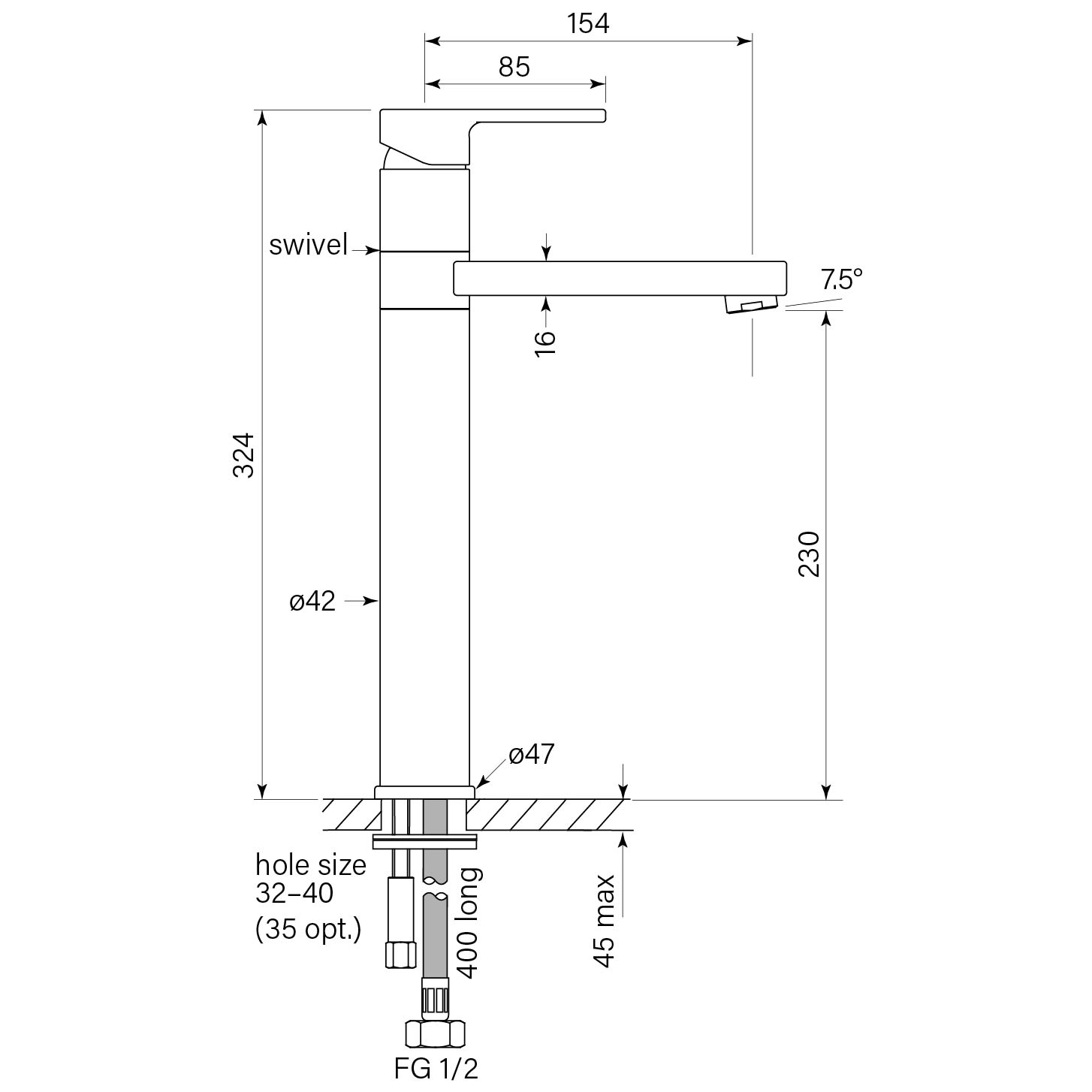 Zeos Basin Mixer Swivel, Tall 230h dimensions image