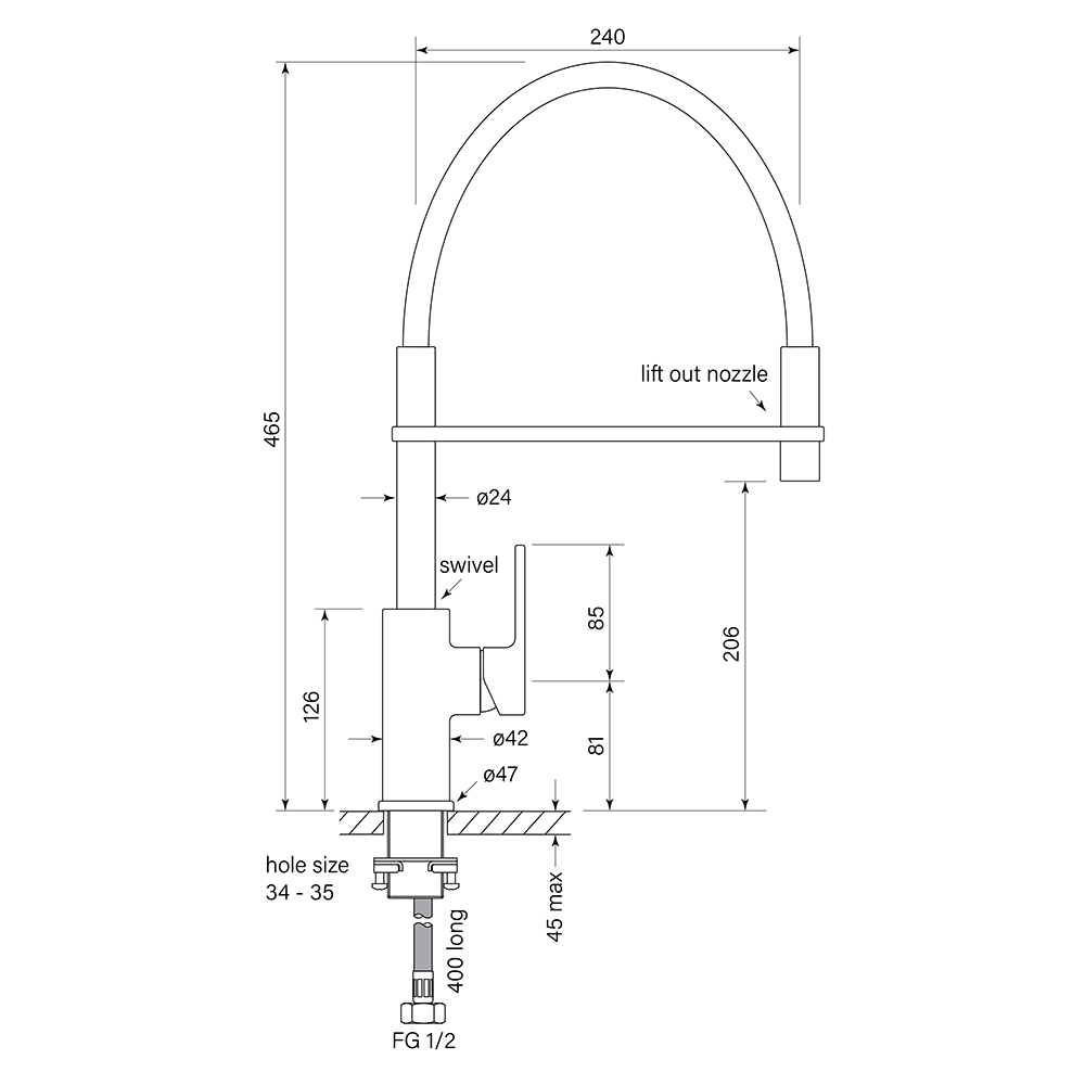 Zeos Sink Mixer, Pull Down dimensions image