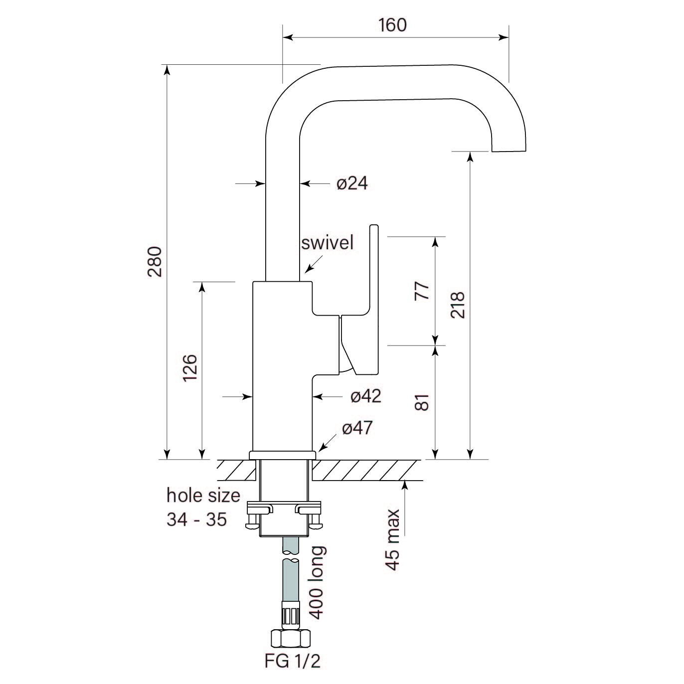 Zeos Sink Mixer Square 160 dimensions image
