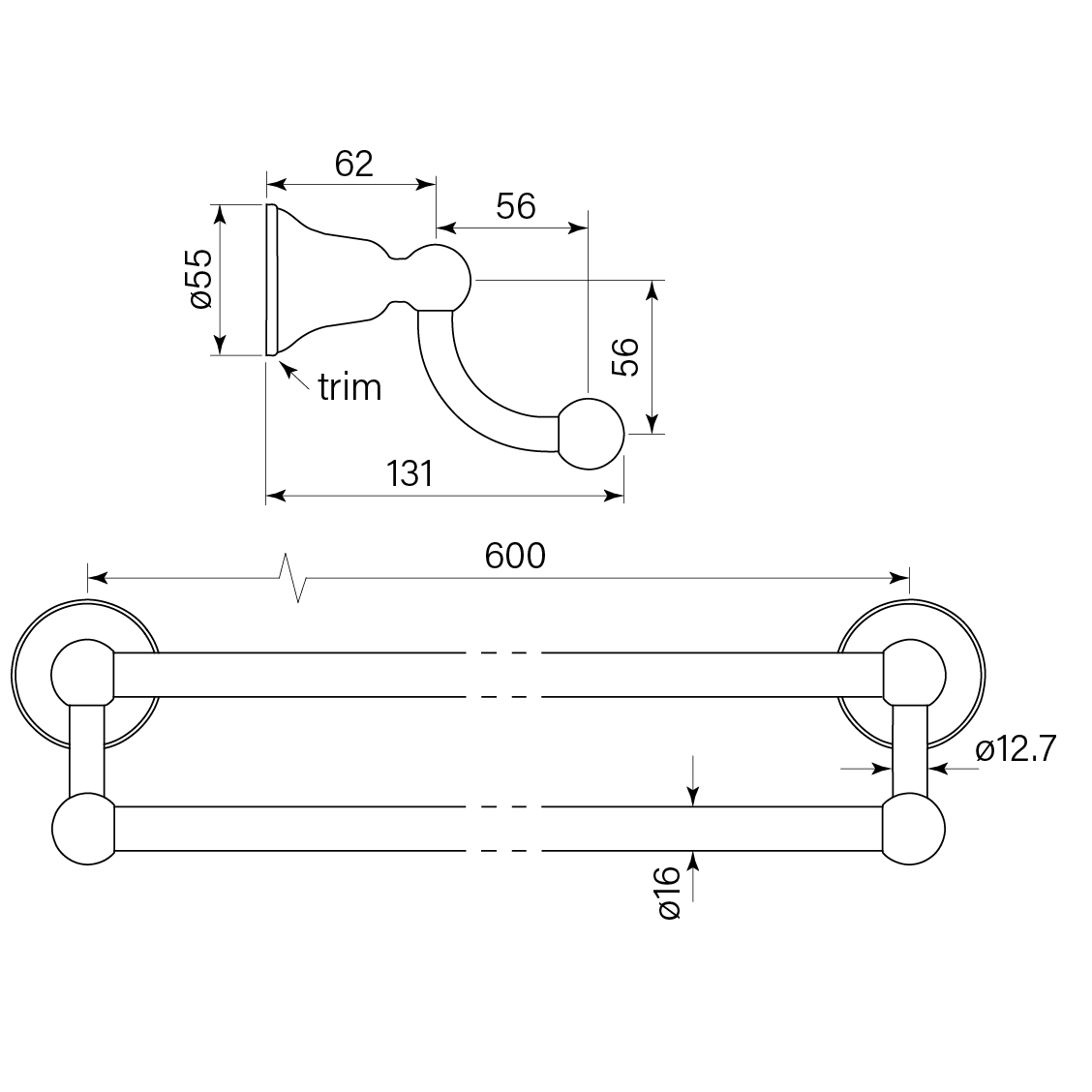 Cascade Towel Rail Double 600 dimensions image
