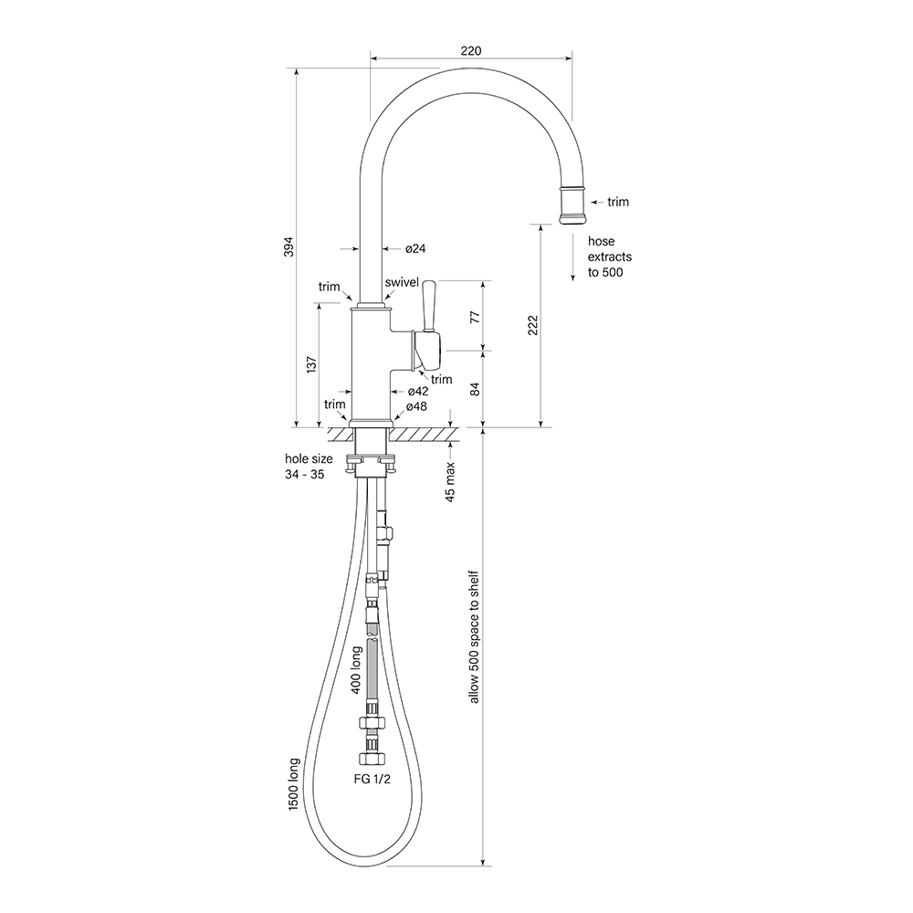 Cascade Sink Mixer Curve Pull Out dimensions image