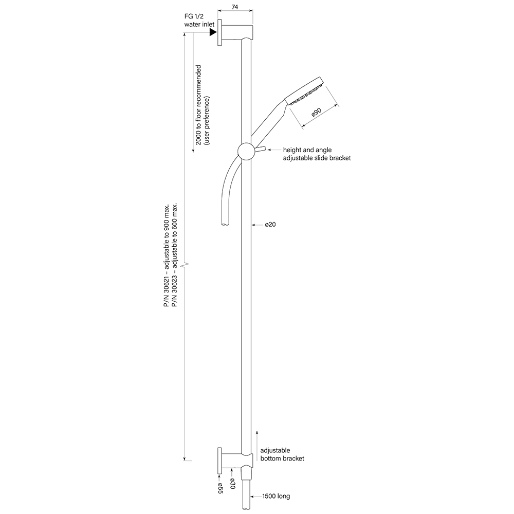 Pegasi Slide Shower, Inflow 600, 90rnd dimensions image