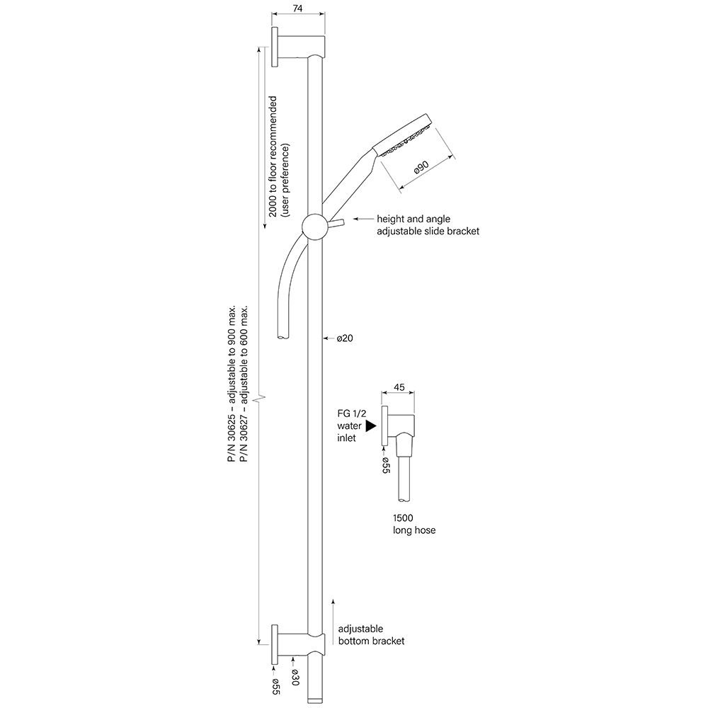 Pegasi Slide Shower, Adjust 600, 90rnd dimensions image