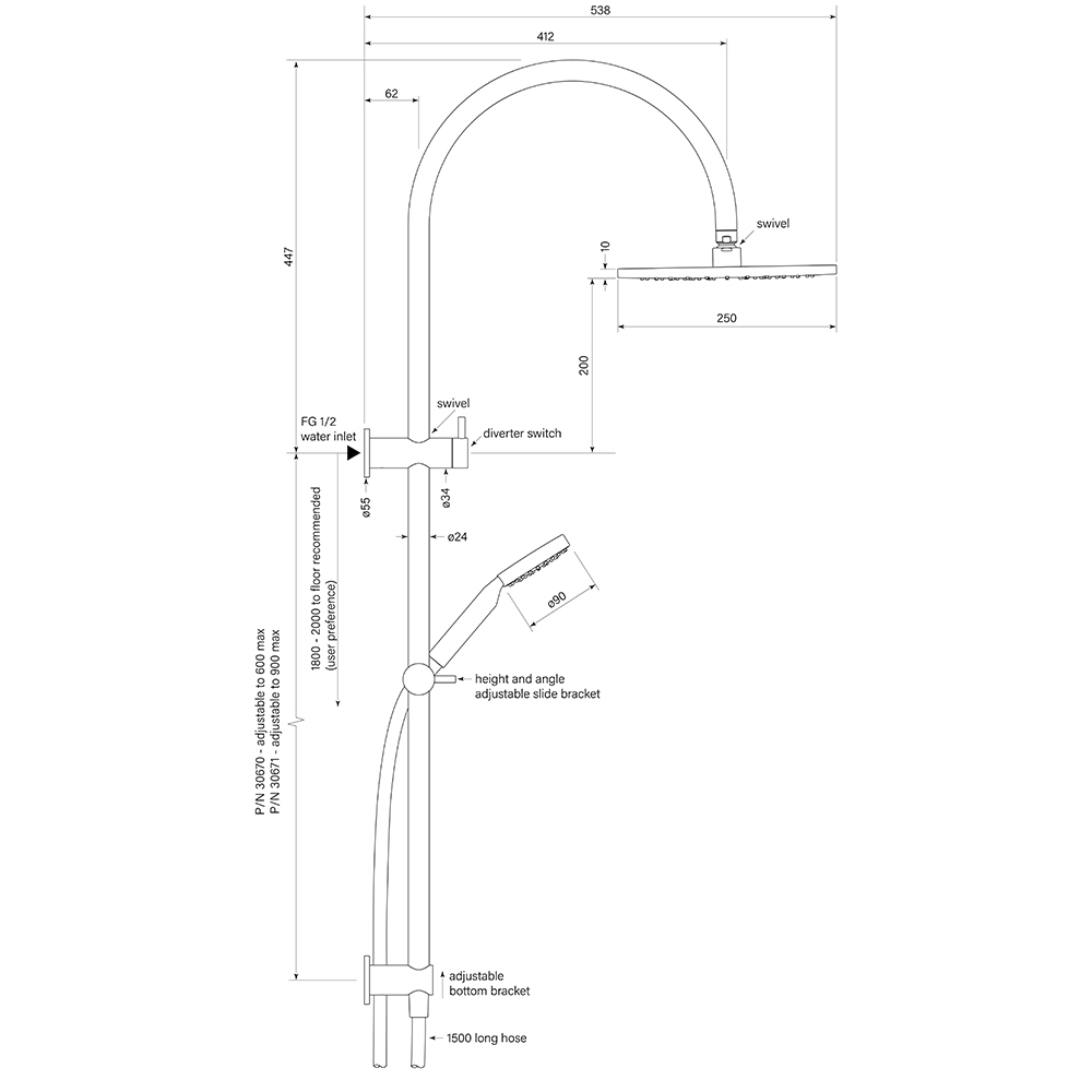 Pegasi Dual Shower 600 crv 90rnd, 250 dimensions image