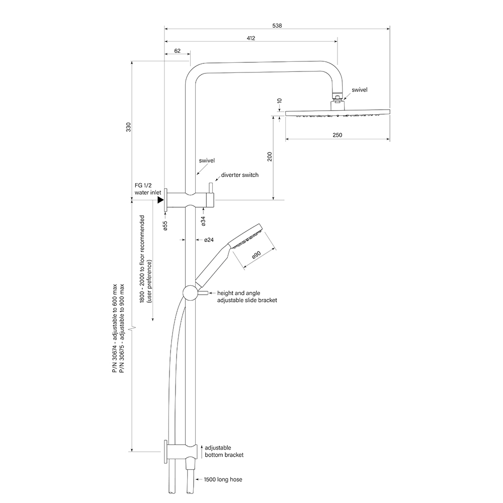 Pegasi Dual Shower 900 sqa 90rnd, 250 dimensions image