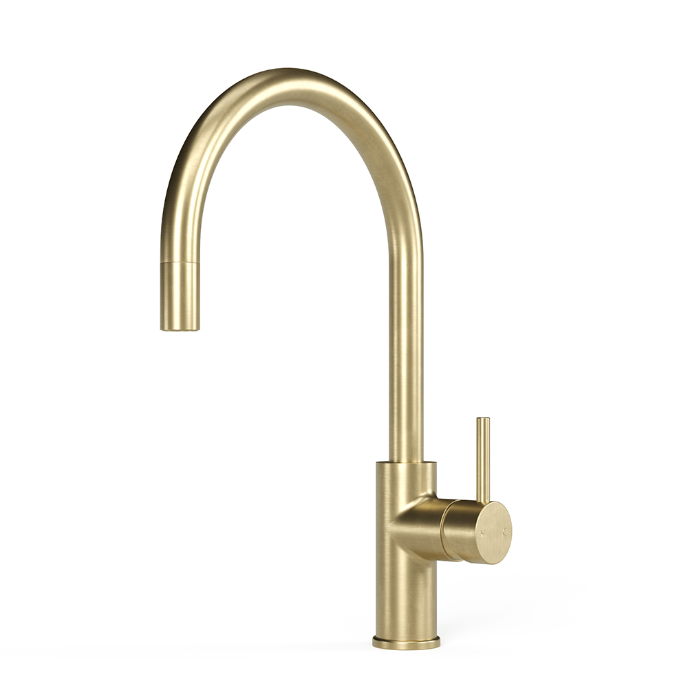 Pegasi M Sink Mixer Curve Pull Out in Raw Brushed Brass