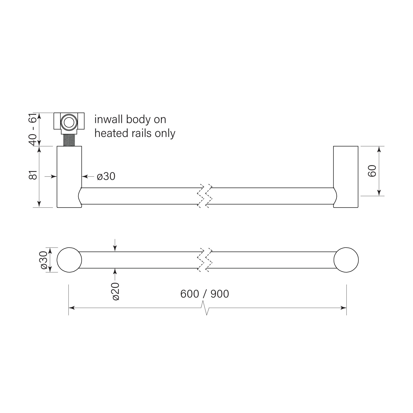Pegasi NF Heated Towel Rail 900 dimensions image