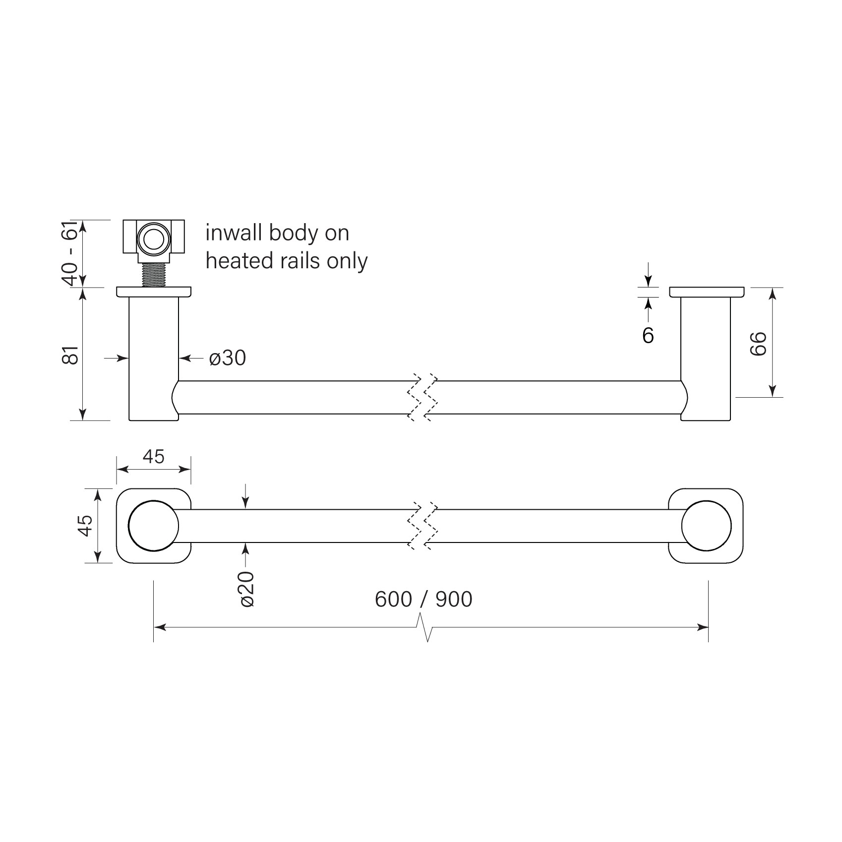 Zeos Non-Heated Towel Rail 900 dimensions image