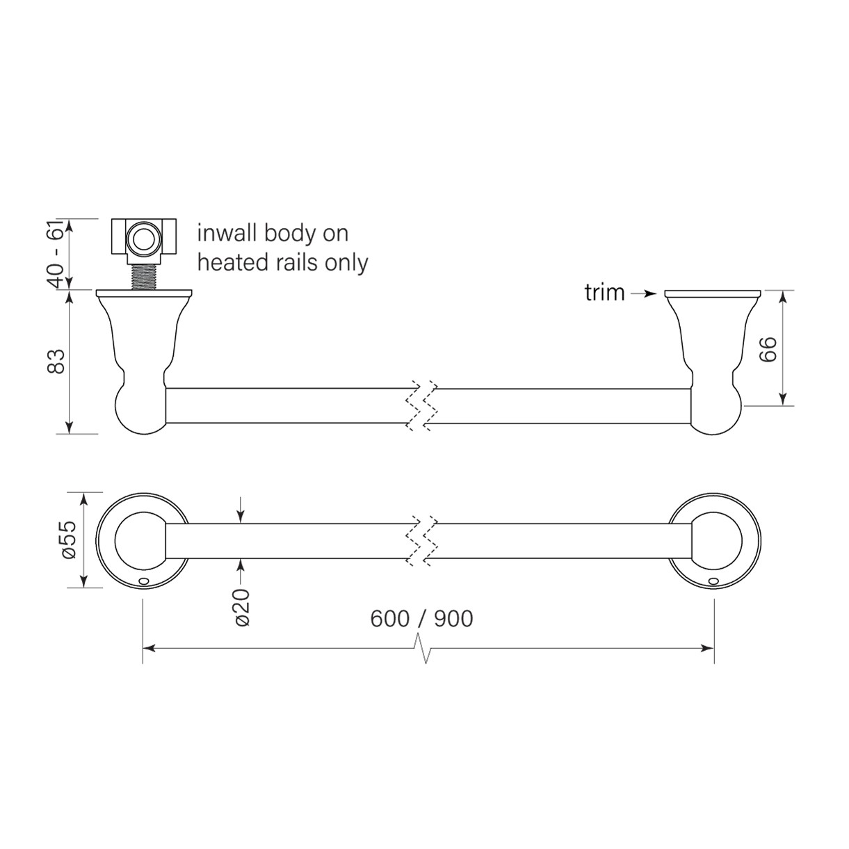 Cascade Non-Heated Towel Rail 600 dimensions image