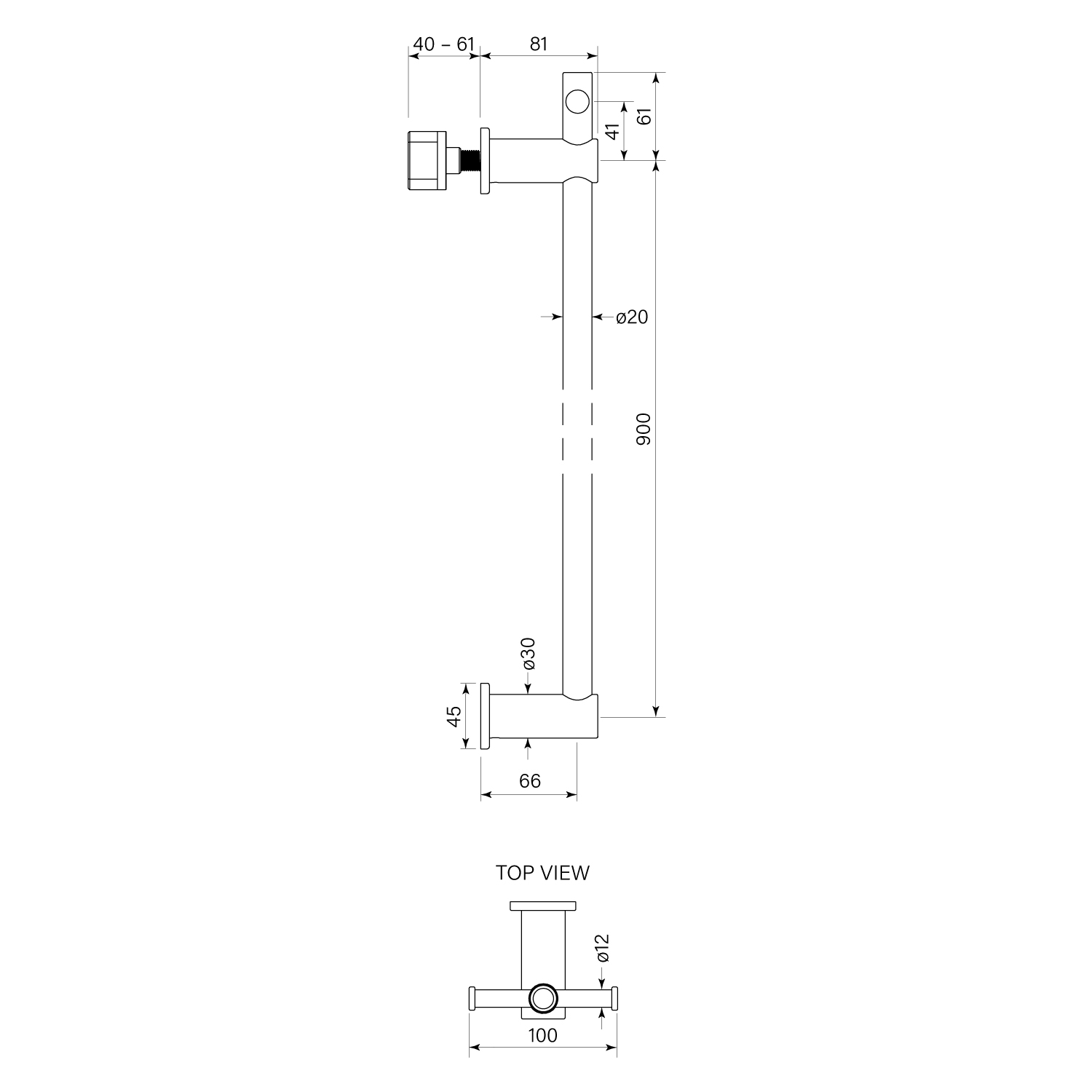 Zeos Vertical Heated Towel Rail w TBar dimensions image