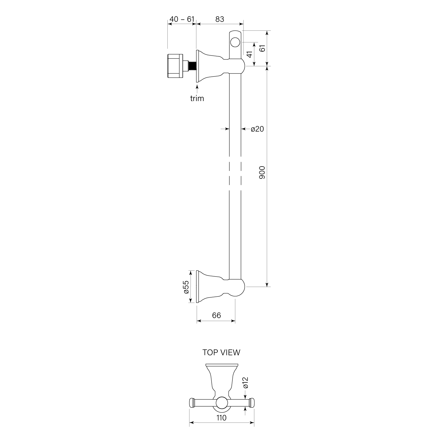 Cascade Vertical Heated Towel Rail w TBar dimensions image