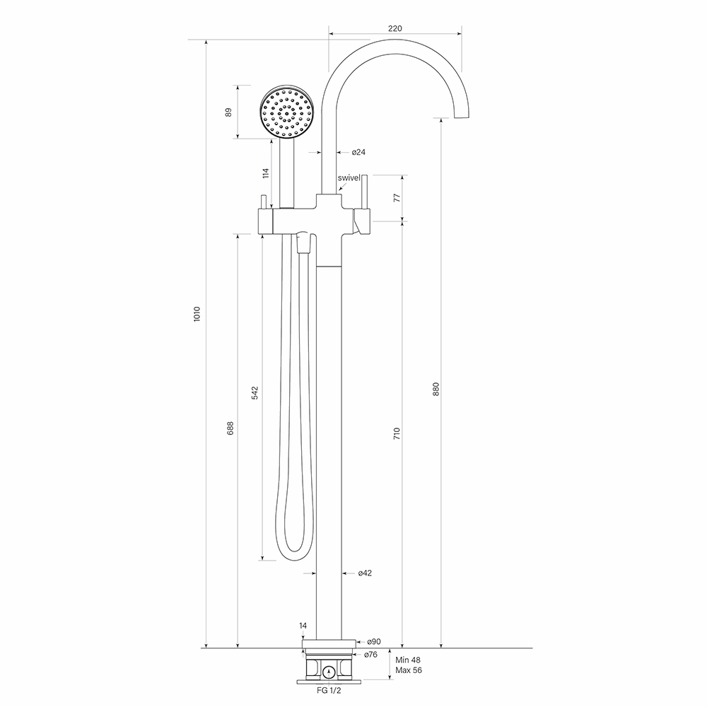 Pegasi Floor Bath Mixer Curve w. Handshower dimensions image