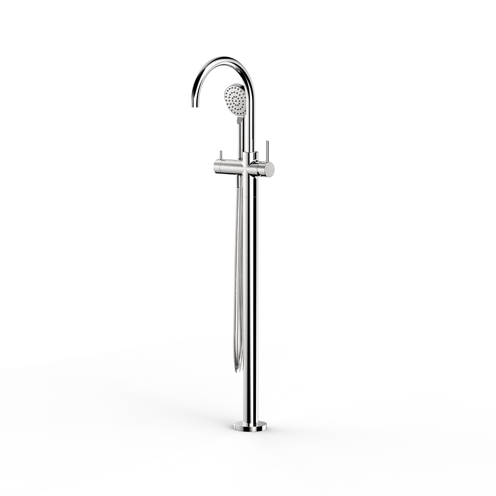 Chrome Pegasi Floor Bath Mixer Curve w. Handshower in Chrome